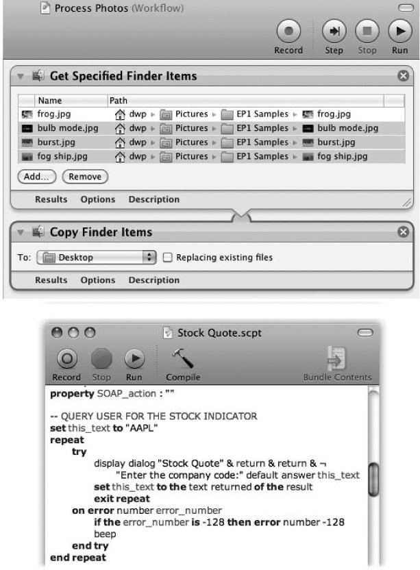 The two faces of Mac automation. Top: Automator uses a visual, step-by-step metaphor for automation; the down-pointing arrows indicate how each building block “feeds” its result into the next action. You can usually tell what an Automator workflow does at a glance.Bottom: Script Editor (the program you use to write and edit Apple-Script code) is geekier. There’s a good amount of programmerese here, and you have to know basic AppleScript syntax before you can begin to understand this script—let alone write your own.