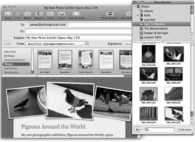 To use Stationery, start by clicking a template, then add your own text in place of the generic copy that comes with the template.Click the Photo Browser button at the top of the message window to open your Mac’s photo collections (shown at right), and then drag the images you want into the picture boxes on the stationery template. You don’t have to know a lick of HTML to use the templates—it’s all drag, drop, and type, baby.