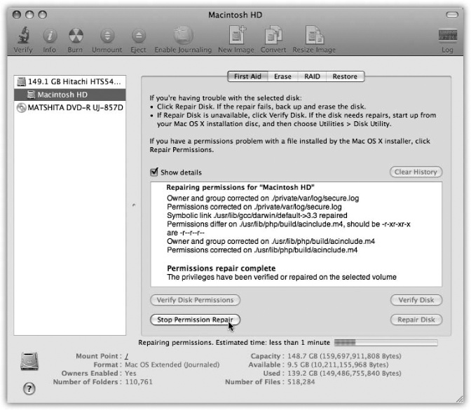 Click your hard drive’s name in the left-side list; click the First Aid tab; click Repair Disk Permissions; and then read an article while the Mac checks out your disk. If the program finds anything amiss, you’ll see messages like these. Among the text, you may recognize some Unix shorthand for read, write, and execute privileges (Chapter 16).