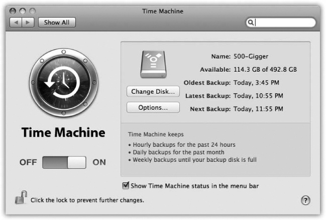 Use the big On/Off switch to shut off all Time Machine activity, although it would be hard to imagine why you’d want to risk it. You can click Choose Backup Disk to choose a different hard drive to represent the mirror of your main drive (after the first one is full, for example).