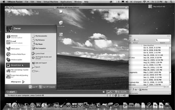 The strangest sight you ever did see: Mac OS X and Windows XP. On the same screen. At the same time. Courtesy of VMWare Fusion. Parallels is very similar.
