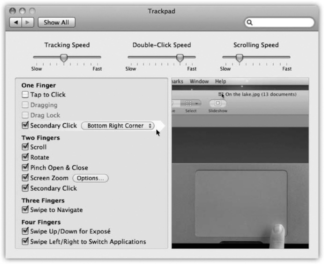 The Trackpad pane of System Preferences looks different depending on your laptop model. But this one shows the two ways to get a “right-click.”