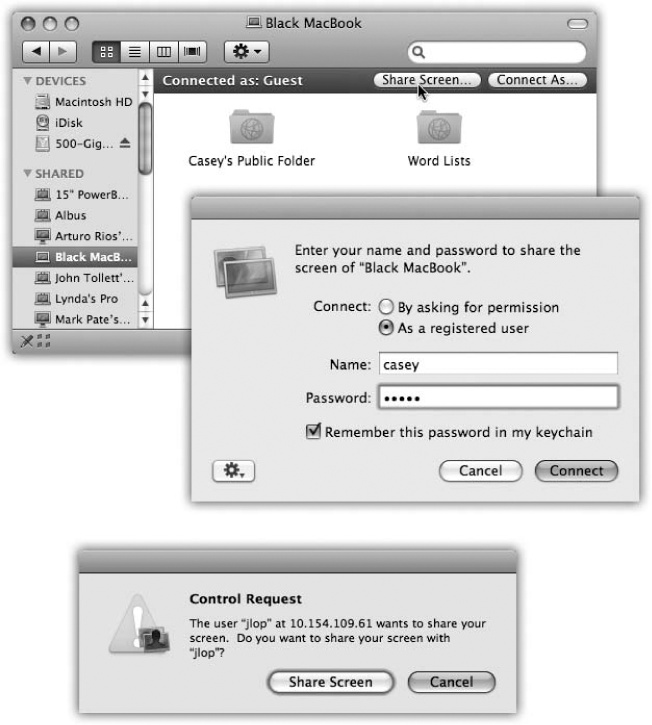 Top: Start by clicking Share Screen in the strip at the top of the other Mac’s window.Middle: If you’ve been pre-added to the VIP list of authorized screen sharers, as already described, you can sign in with your name and password. If not, you can request permission to share Mac #1’s screen. You’ll be granted permission only if Mac #1’s owner happens to be sitting in front of it at the moment and has opted to accept such requests.Bottom: If you request permission, the other person (sitting at Mac #1) sees your request in this form.