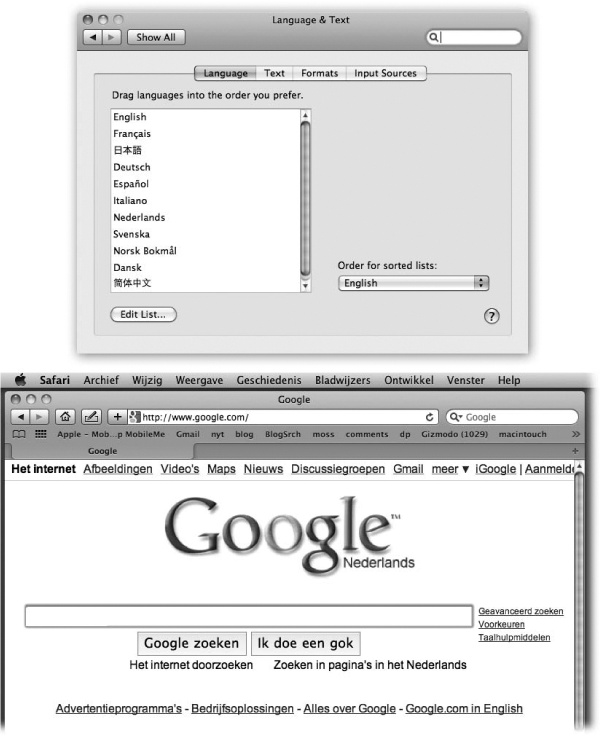 Top: This is the list of the 18 “system localizations” that you get with a standard Mac OS X installation. Bottom: Here’s Safari running in Dutch. Actually understanding Dutch would be useful at a time like this—but even if you don’t, it can’t help but brighten up your work day to choose commands like Spraakfunctie or Knip. (Alas, your success with this trick varies by program.)