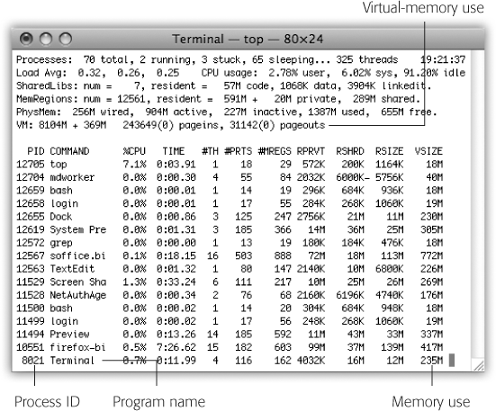 The top display remains onscreen, automatically updating itself as you work, until you type q to quit the program. The plain-English program names are in there somewhere.