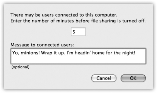 This dialog box asks you how much notice you want to give your coworkers that they’re about to be disconnected, and what message to send them before the ax falls.