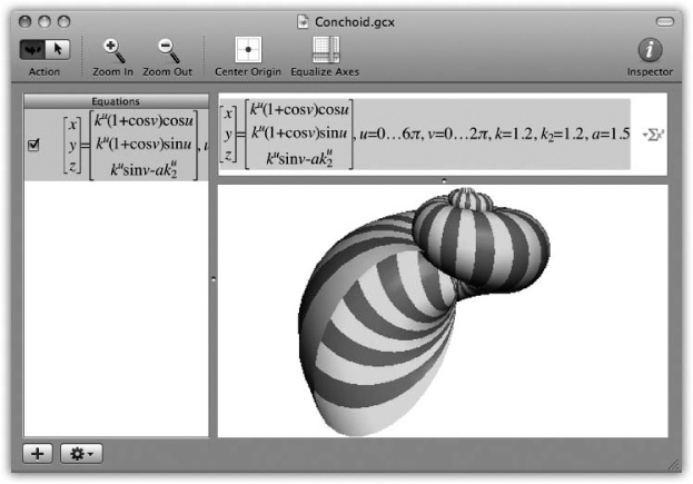 In general, you type equations into Grapher just as you would on paper (like z=2xy). If in doubt, check the online help, which offers enough hints on functions, constants, differential equations, series, and periodic equations to keep the A Beautiful Mind guy busy for days.