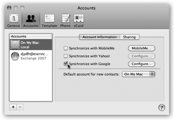 When you turn on one of these checkboxes, you first get a legal disclaimer; ignore it and click Agree.Now you’re asked to enter your Yahoo or Gmail name and password. Once that’s done, presto!—your Mac’s Address Book and online contacts are kept in sync. Even their photos, if your online address book has them, show up in Address Book!