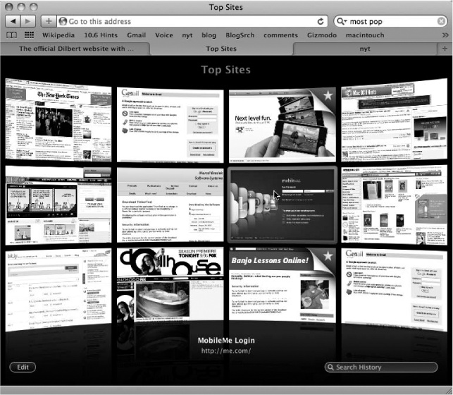 You can open the Top Sites display either by clicking the Top Sites button on the toolbar or by choosing History→Top Sites. Click a page to revisit it; a star in the corner means “This page has changed since your last visit.”