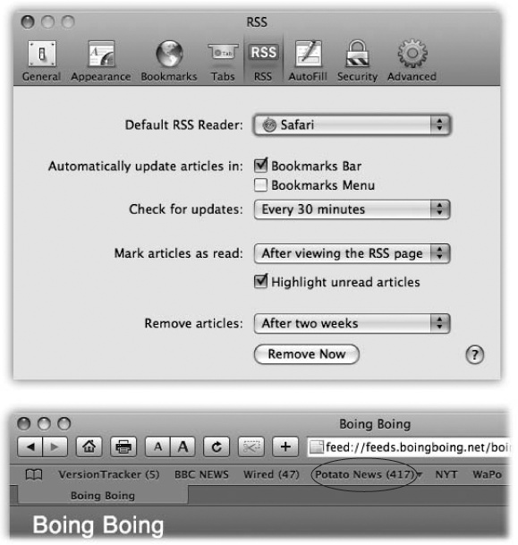 Top: Want to specify when Safari should check for updates to your RSS bookmarks? In Safari→Preferences, click RSS. Turn on Bookmarks Bar and Bookmarks Menu. (If you’re an especially impatient person, select “Every 30 minutes” from the “Check for updates” pop-up menu.)Bottom: Next to your RSS feeds’ names (in this screenshot, VersionTracker and Wired), a number tells you how many new articles are waiting for you. If you have a bookmark folder containing several RSS feeds in it (here, Potato News), the number reflects the total number of new articles in that folder’s feeds. Never again will you have to check a Web site for updates the old-fashioned way.