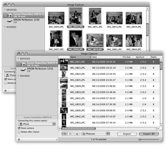 Top: In some ways, Image Capture is like a mini iPhoto; use the slider in the lower right to change the thumbnail sizes. Use the “Delete after import” checkbox (lower-left) if you want your camera’s card erased after you slurp in its photos. You can choose the individual pictures you want to download, rotate selected shots (using the buttons at the top), or delete shots from the camera.Bottom: List view gives you a table of details about the photos to be imported.