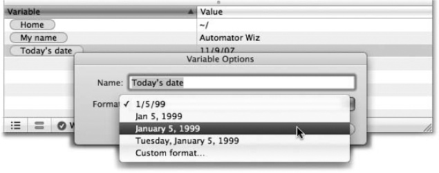 The Variables log shows you all the variables you’re using in your workflow. The light blue variables are editable; double-click one to modify the variable’s name and its settings (in this case, the format for “Today’s date”).