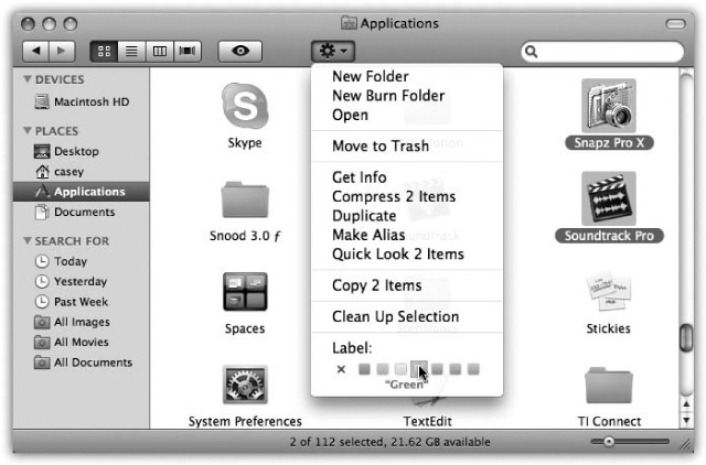 Use the File menu, menu, or shortcut menu to apply label tags to highlighted icons. You can even apply a label within an icon’s Get Info dialog box (page 88).Instantly, the icon’s name takes on the selected shade. In a list or column view, the entire row takes on that shade, as shown in Figure 2-9. (If you choose the little X, you remove any labels you may have applied.)