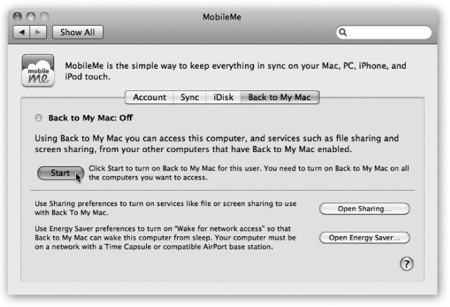 On the first Mac, open System Preferences. Click MobileMe, and then click Back to My Mac. Click Start. Close System Preferences. Repeat on each Mac, making sure they all have the same MobileMe account information.