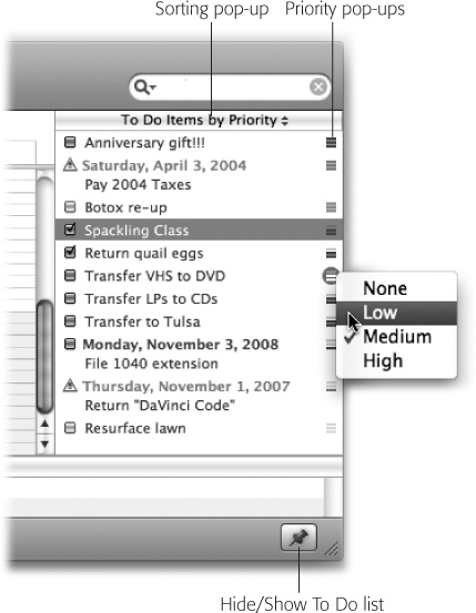 Using the To Do Info balloon, you can give your note a priority, a calendar (category), or a due date. Tasks that come due won’t show up on the calendar itself, but a little exclamation point triangle appears in the To Do Items list.