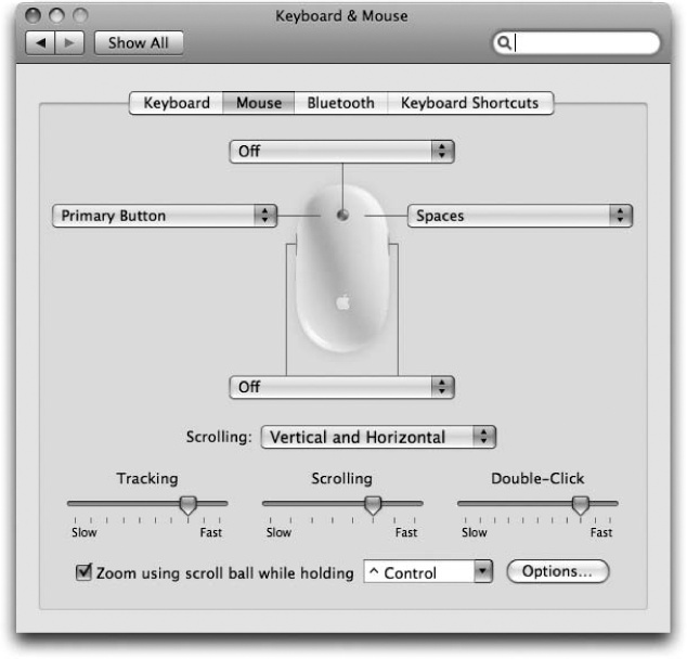 This enormous photographic display shows up only if you have the Mighty Mouse, Apple’s “two-button” mouse. The pop-up menus let you program the right, left, and side buttons. They offer functions like opening Dashboard, triggering Exposé, and so on.This is also where you can turn the right-clicking feature on (just choose Secondary Button from the appropriate pop-up menu)—or swap the right- and left-click buttons’ functions.