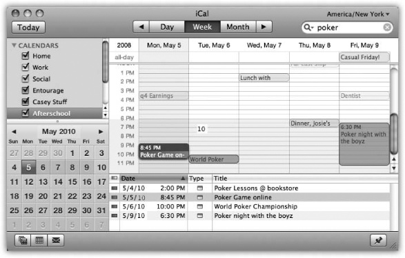 As you type into the search box (top right), iCal builds a little search-results list at the bottom of the window. Double-click any row of the list to jump to and highlight the corresponding event on the calendar and open up its summary balloon.