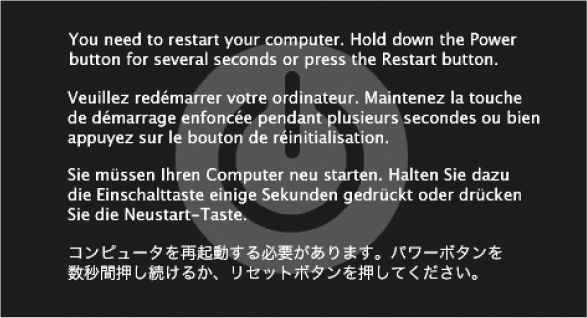 A kernel panic is almost always related to some piece of add-on hardware. And look at the bright side: At least you get this handsome dialog box in Snow Leopard. That’s a lot better than the Mac OS X 10.0 and 10.1 effect—random text gibberish superimposing itself on your screen.