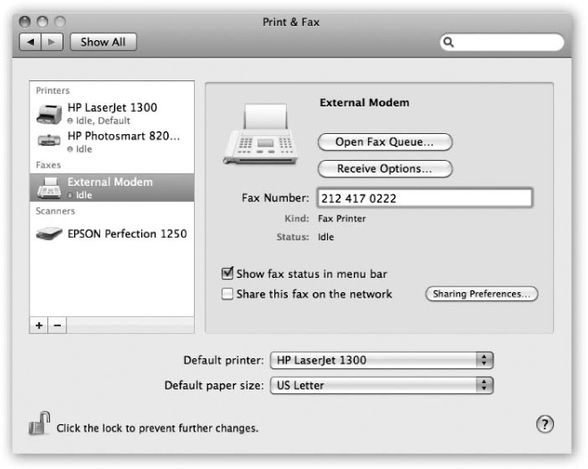 If your new modem says “Not configured,” you just have to type in your fax number and click Apply. If you’re smart, you’ll also turn on “Show fax status in menu bar.” It installs a fax menulet that lets you monitor and control your fax sending and receiving. You’re ready to fax!