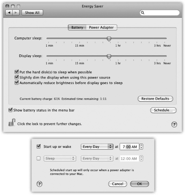 Top: Here’s what Energy Saver looks like on a laptop. In the “Put the display to sleep” option, you can specify an independent sleep time for the screen.Bottom: Here are the Schedule controls—a welcome return of the Mac’s self-scheduling abilities.