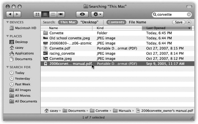 Click a result once to see where it sits on your hard drive (bottom). If the window is too narrow to reveal the full folder path, run your cursor over the folders without clicking. As your mouse moves from one folder to another, Leopard briefly reveals its name, compressing other folders as necessary to make room. (Sub-tip: You can drag icons into these folders, too.)