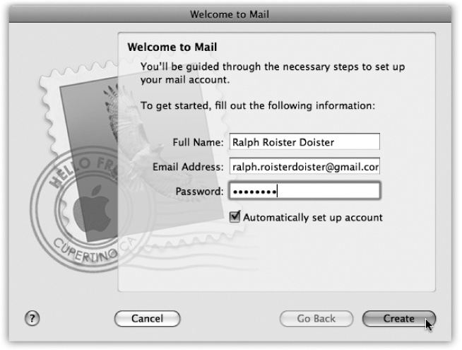 Mail takes the pain, agony, and acronyms out of setting up an email account on your Mac. Forget about remembering your SMTP server address (or even what SMTP stands for), and just type your email address and password into the box. If you use a mainstream mail service like Gmail, Hotmail, Yahoo, Comcast, or Verizon, Mail configures your account settings automatically after you click the Create button.