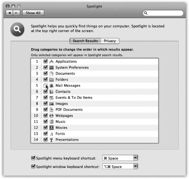 Here’s where you can specify what categories of icons you want Spotlight to search, which order you want them listed in the Spotlight menu, and what keystroke you want to use for highlighting the Spotlight Search box.