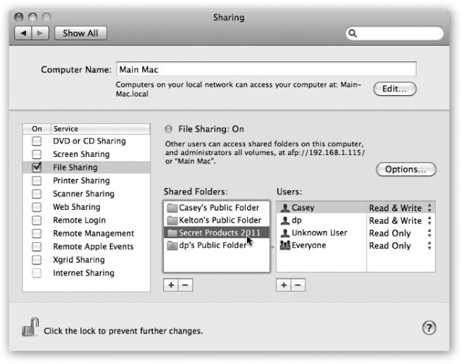 Hiding in System Preferences is a list of every file, disk, and folder you’ve shared. To stop sharing something, click it and click the button. To share something new, drag its icon off the desktop, or out of its window, directly into the Shared Folders list.