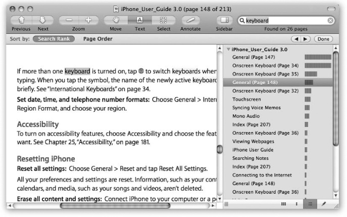 Type into the Search or Find box. Matches appear in the Sidebar, with page numbers; click one to go there. The bar graph shows you how relevant that page is to your search term—how many times that word appears, for example.