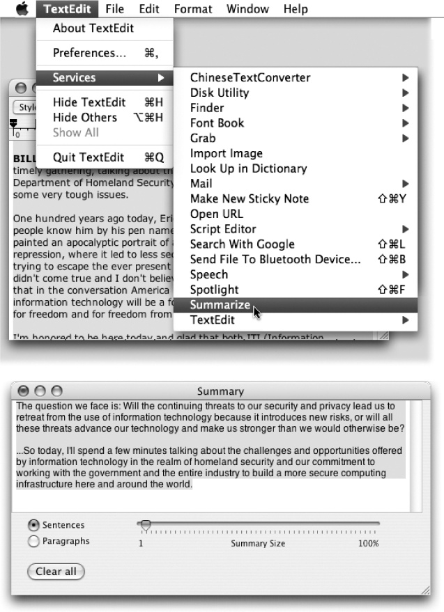 Use the Summarize command to create a one-paragraph summary (bottom) of a longer passage (top). Once the summary appears in the Summary Service program, you can make it more or less concise by dragging the Summary Size slider. You can also ask it to display the most statistically relevant paragraphs instead of sentences, just by clicking the appropriate radio button at the lower left. (Bear in mind that Summary Service doesn’t do any creative rewriting; even Mac OS X can’t come up with something coherent if the original wasn’t. Instead, Summary Service chooses the most statistically significant sentences to include in the summary.)