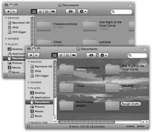 The View Options dialog box for an icon view window offers the chance to create colored backgrounds for certain windows or even to use photos as window wallpaper (bottom). Using a photo may have a soothing, annoying, or comic effect—like making the icon names completely unreadable. (Note, by the way, how the icons’ names have been set to appear beside the icons, rather than underneath. You now have all the handy, freely draggable convenience of an icon view, along with the more compact spacing of a list view.