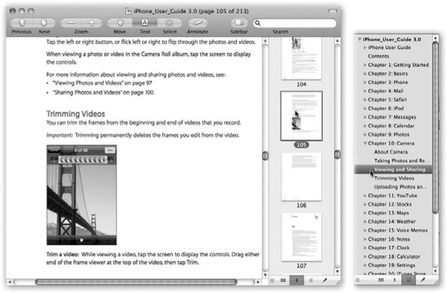 The Sidebar can display thumbnails (left), a table of contents (right), or annotations, or it can appear as a full-screen array of thumbnail images. Drag the central scroll bar to make the Sidebar bigger; drag the lower-right corner of the Sidebar to make the whole Preview bigger.