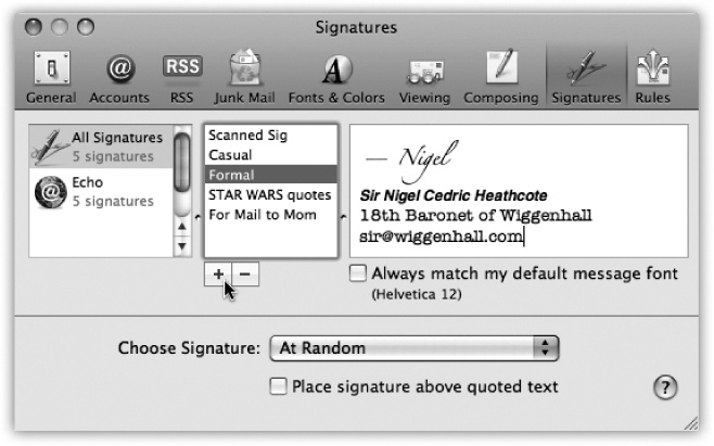 After naming your signature in the middle pane and typing the text on the right, don’t miss the Format menu, which you can use to dress up your signature with colors and formatting. You can even paste a picture into the signature box. Click OK when you’re finished. (You can use formatted signatures only when sending Rich Text messages.)