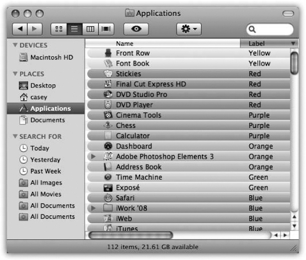 Sorting by label lets you create several different alphabetical groups within a single window. In Snow Leopard, in fact, you can sort by labels in any view using the View→Show View Options palette.In a list view, the quickest way to sort by label is to first make the label column visible. Do so by choosing View→Show View Options and then turning on the Label checkbox.