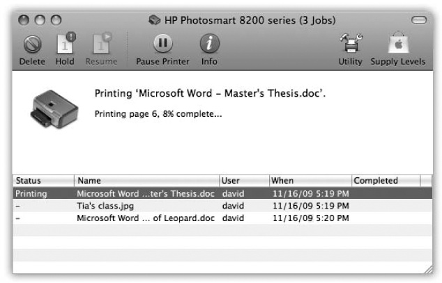 Waiting printouts appear in this window. You can sort the list by clicking the column headings (Name or Status), make the columns wider or narrower by dragging the column-heading dividers horizontally, or reverse the sorting order by clicking the column name a second time. The Supply Level button opens a graph that shows how much ink each cartridge has remaining (certain printer models only).