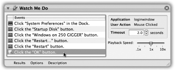 After you’ve recorded a Watch Me Do workflow, the steps you took appear here. You can drag them up or down to rearrange them; click one and press Delete to eliminate it; or adjust the Playback Speed slider. For now, delete the unnecessary “Click OK” step.