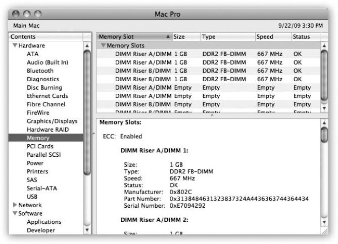 Does your Mac-Book’s chip run at 2 GHz or 2.6? What percentage of your external hard drive is filled up? Want a comprehensive list of every program installed on your Mac, with version numbers? Can your DVD burner burn dual-layer discs? And (shown here): Does your laptop have any open slots for extra RAM?