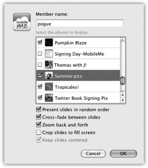 Once you enter a MobileMe member’s name, you’re shown that person’s list of public photo albums. At this point, you can also specify how you want the screen saver to look: Turn off the crossfade between slides, crop the slides so they fit on the screen, present the slides in random order, and so on.)