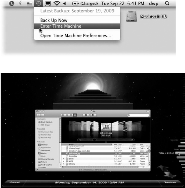 Top: Choose Enter Time Machine from the menulet. (If you don’t see this menulet, turn on “Show Time Machine status in the menu bar,” shown in Figure 6-13.)Bottom: This is the big payoff for all your efforts. The familiar desktop slides down, dropping away like a curtain. For the first time, you get to see what’s been behind the desktop all this time. Turns out it’s outer space. Time Machine shows you dozens of copies of the Finder window, representing its condition at each backup, stretching back to the past.