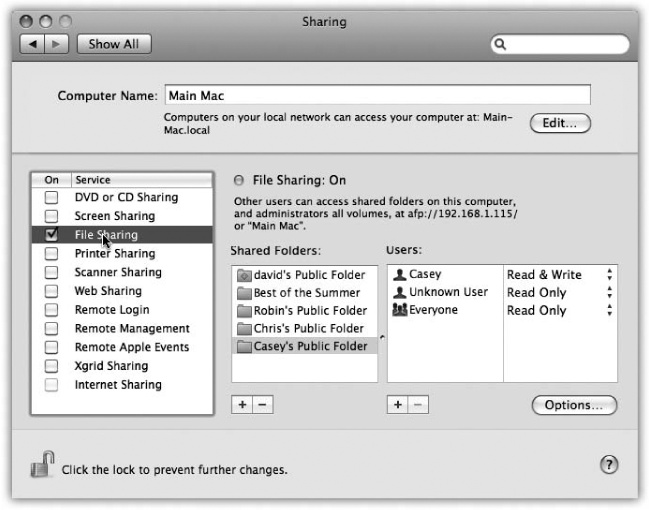 Here’s the master switch that makes your Public folder (and any other folders you designate) available to other people on the network. You can edit the Computer Name, if you like. Your Mac will appear on the network with this name. Make it nice and descriptive, such as Front Desk iMac.