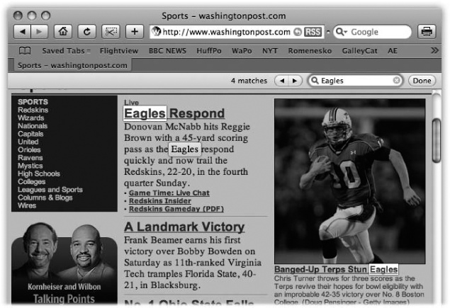 Once you enter your keywords (Eagles, in this case), the browser dims the page and highlights every instance of that word—making it much easier to find what you’re looking for across a crowded Web page.