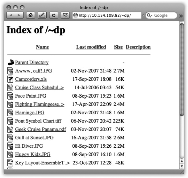 Here’s a great way to make files available to other people on your network or collaborators across the Internet. Just put your files into the Sites or Library→WebServer→Documents folder and make sure nothing is named index.html. The Parent Directory link takes you to the folder that contains this one—in this case, the Library→WebServer→Documents folder.