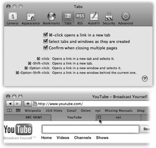 Top: Set up tabbed browsing in Safari’s Preferences→Tabs window. (For best results, turn on “Select tabs and windows as they are created.”)Bottom: Now, when you ⌘-click a link, or type an address and press ⌘-Return or ⌘-Enter, you open a new tab, not a new window as you ordinarily would. You can now pop from one open page to another by clicking the tabs just under your Bookmarks bar, or close one by clicking its button (or pressing ⌘-W).