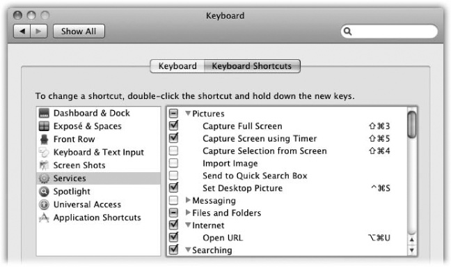 Here’s the Services command center. You can purge your shortcut menus and Services menus of the useless Services by turning off their checkboxes. You can also assign (or change) keyboard shortcuts. Click a Service’s name and then press Return to open the Keyboard Shortcut box; then press the desired keystroke on your keyboard.