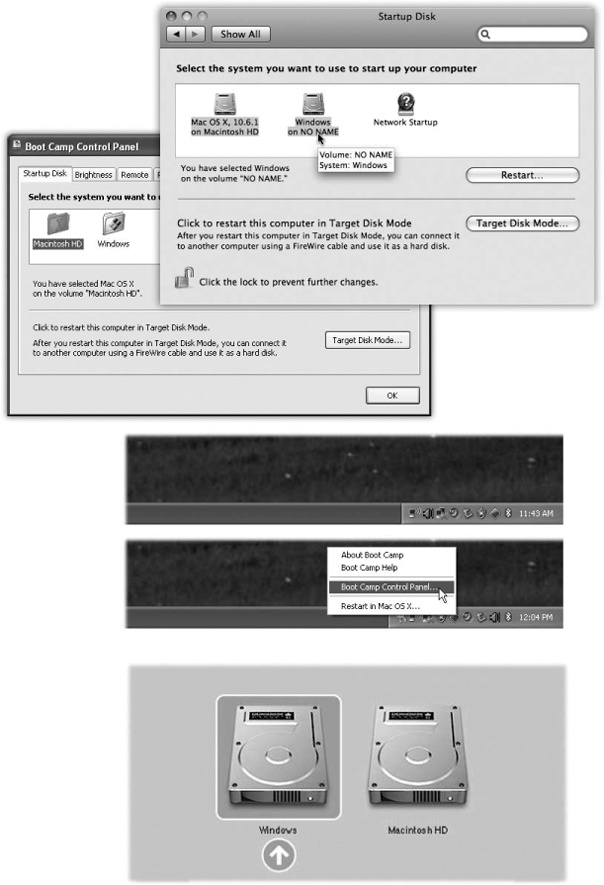 Top: To choose your preferred operating system—the one that starts up automatically unless you intervene—choose →System Preferences. Click Startup Disk, and then click the icon for either Mac OS X or Windows. Next, either click Restart (if you want to switch right now) or close the panel. The identical controls are available when you’re running Windows, thanks to the new Boot Camp Control Panel.Middle: To open the Boot Camp Control Panel, choose its name from its new icon in the Windows system tray.Bottom: This display, known as the Startup Manager, appears when you press Option during startup. It displays all the disk icons, or disk partitions, that contain bootable operating systems. Just click the name of the partition you want, and then click the Continue arrow.