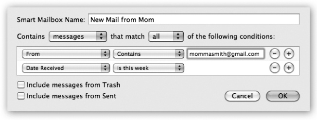 Mail lets you create self-populating folders. In this example, the “New Mail from Mom” smart mailbox will automatically display all messages from her that you’ve received in the past week.