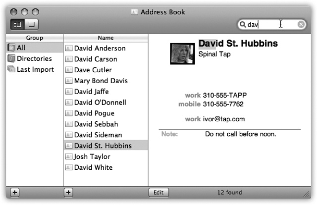 With each letter you type, Address Book filters your social circle and displays the number of matches at the bottom. The matching records themselves appear in the Name column, the first of the matching card entries appears in the far-right pane, and the matching text itself appears highlighted in the matching card.