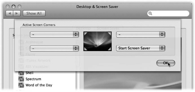 Click the Hot Corners button to open this “sheet,” which lets you designate certain corners of your screen as instant-activation spots, or never-come-on spots. Sliding the mouse to the Start Screen Saver corner, for example, turns on your screen saver right away.