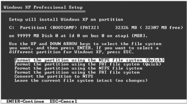 Use the arrow keys to highlight either “Format the partition using the NTFS file system (Quick)” or “Format the partition using the FAT file system (Quick).” Then press Enter. On the following screen, type F to confirm the formatting, then Enter to confirm the whole thing.