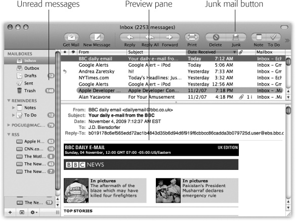 The many panes of Mail. Click an icon in the Mailboxes column to see its contents in the Messages list. When you click the name of a message in the Messages list (or press the ↑ and ↓ keys to highlight successive messages in that list), you see the message itself, along with any attachments, in the Preview pane.Click one of the column headings (From, Subject, and so on) to sort your mail collection by that criterion.